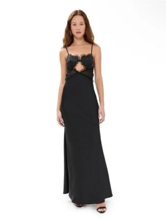 For Love & Lemons Val Heart Cup Dot Tulle Ruffle Satin Black Maxi Dress NEW - Picture 5 of 11